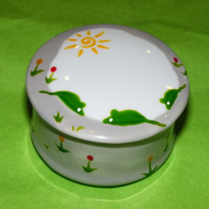 boîte ronde en porcelaine blanche peinte à la main, décor souris vertes