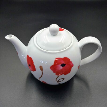 Verso théière boule en porcelaine blanche peinte à la main, décor coquelicots